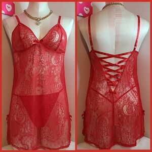 Y2K Victoria's Secret Sheer Lace Babydoll W/ Lace-up Back Size M Red